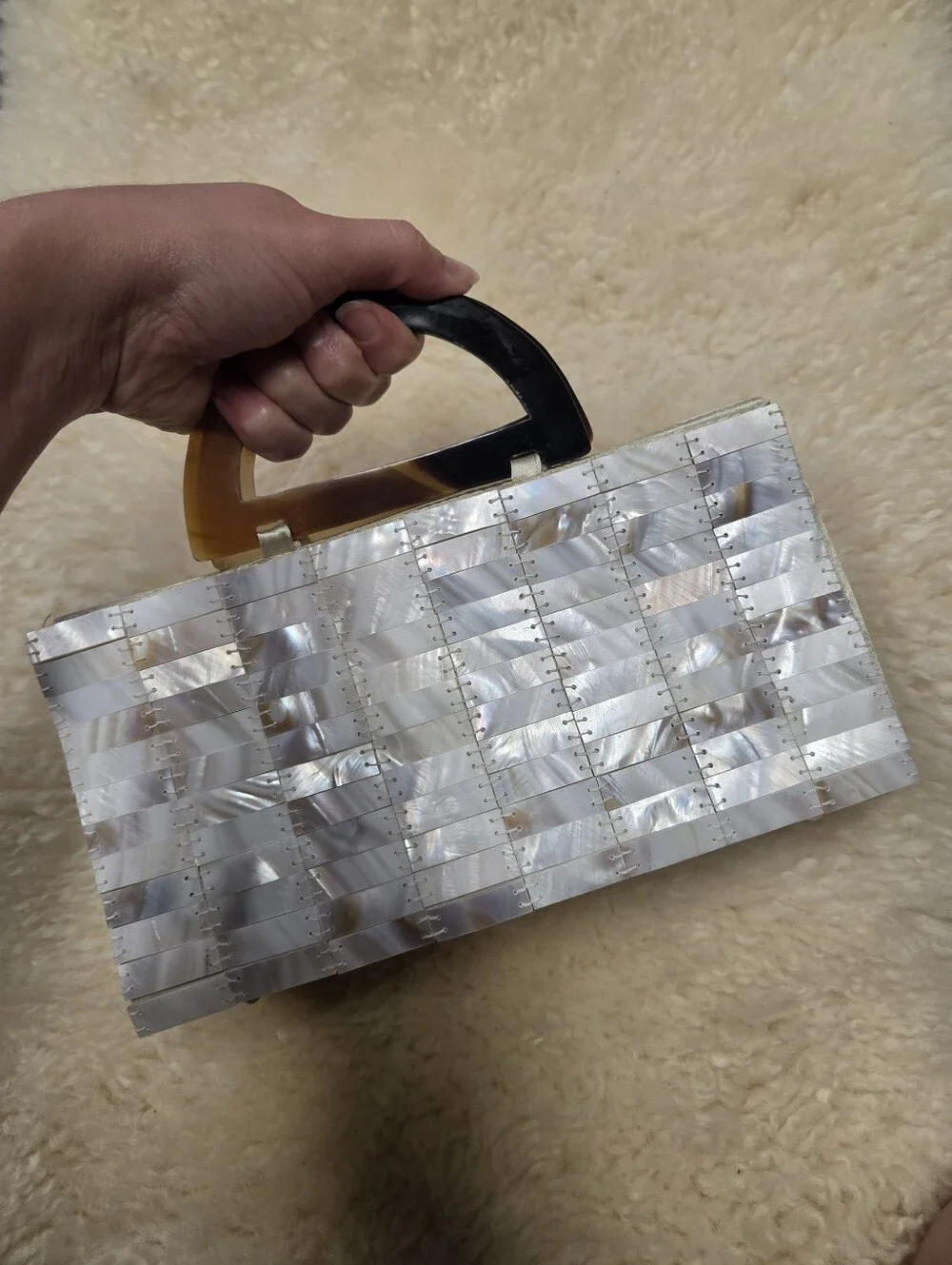 Mad Bags Mother of Pearl Tile Purse Tortoise Handle Shell Clutch Bag MOP Y2K